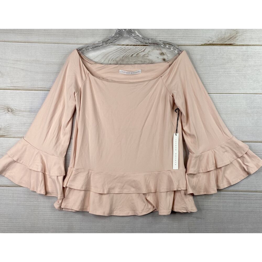 Susana Monaco Top Womens S Pink Off Shoulder Bell Sleeve Ruffled Stretch NWT